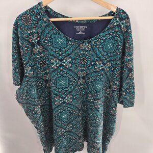 Catherines Green Geometric 100% Cotton Easy Fit Tee Collection Size 3x 26/28W